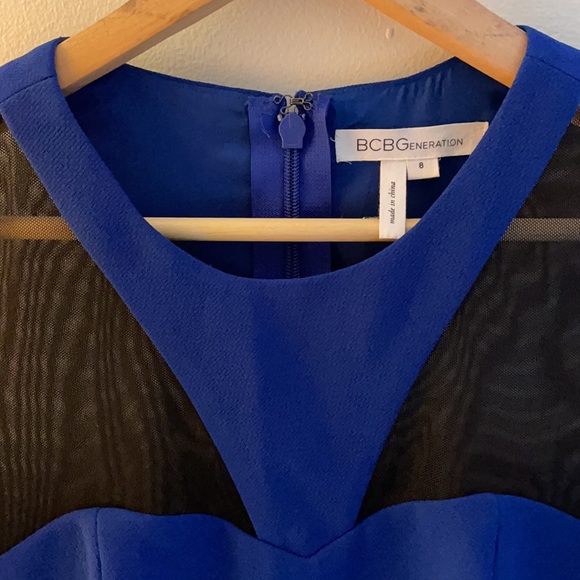 BCBG- Long Sleeves Bright Blue Mini Dress with Black Transparency - Picture 2 of 7